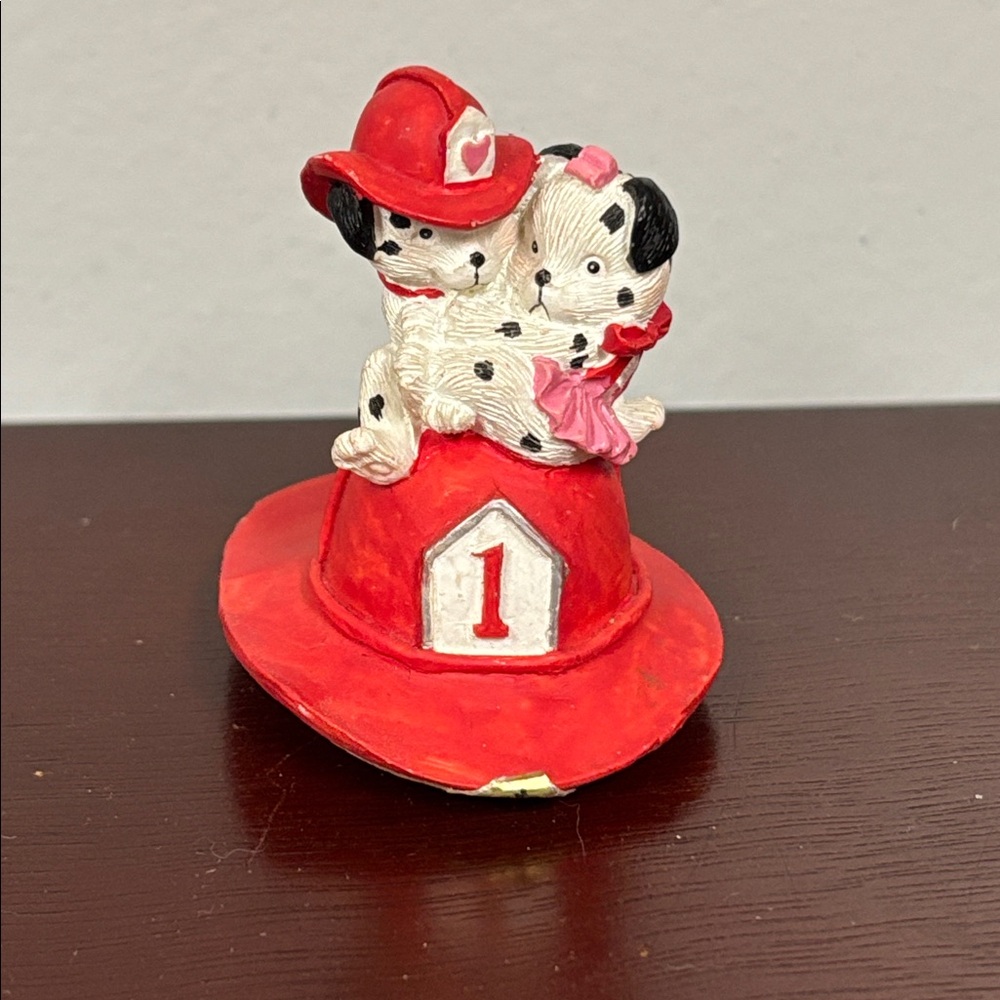 Vintage Enesco Dalmatians Firehouse Puppies Firefighter Helmet Figure Valentines